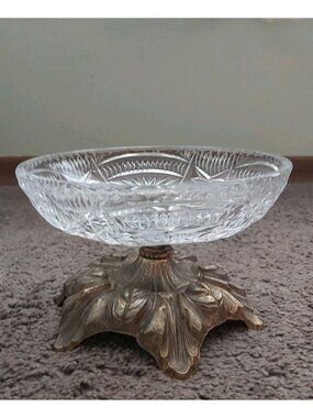 Vintage Hollywood Regency Cut Crystal Compote Pedestal Bowl - Ornate Brass Base